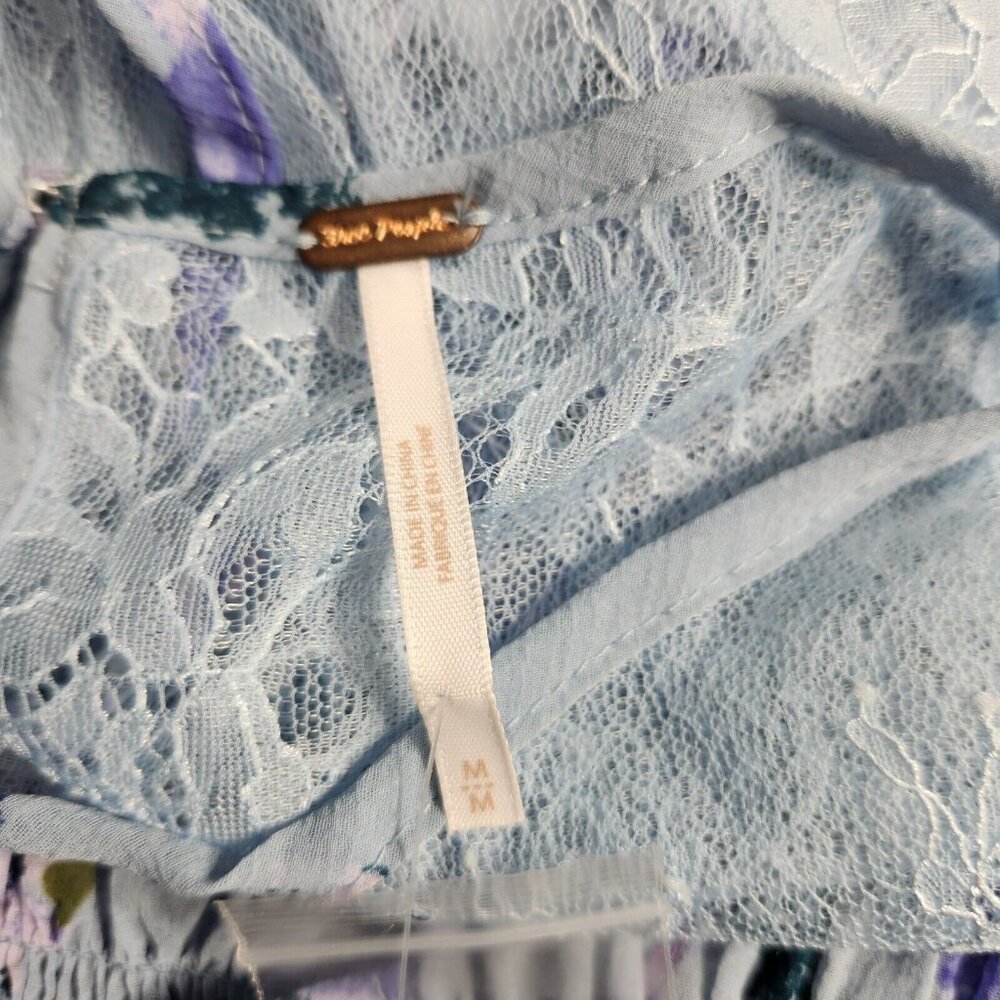 Free People Women's Size M Daphne Blouse Silver Blue Combo Smocked Cropped 37 - Picture 8 of 13